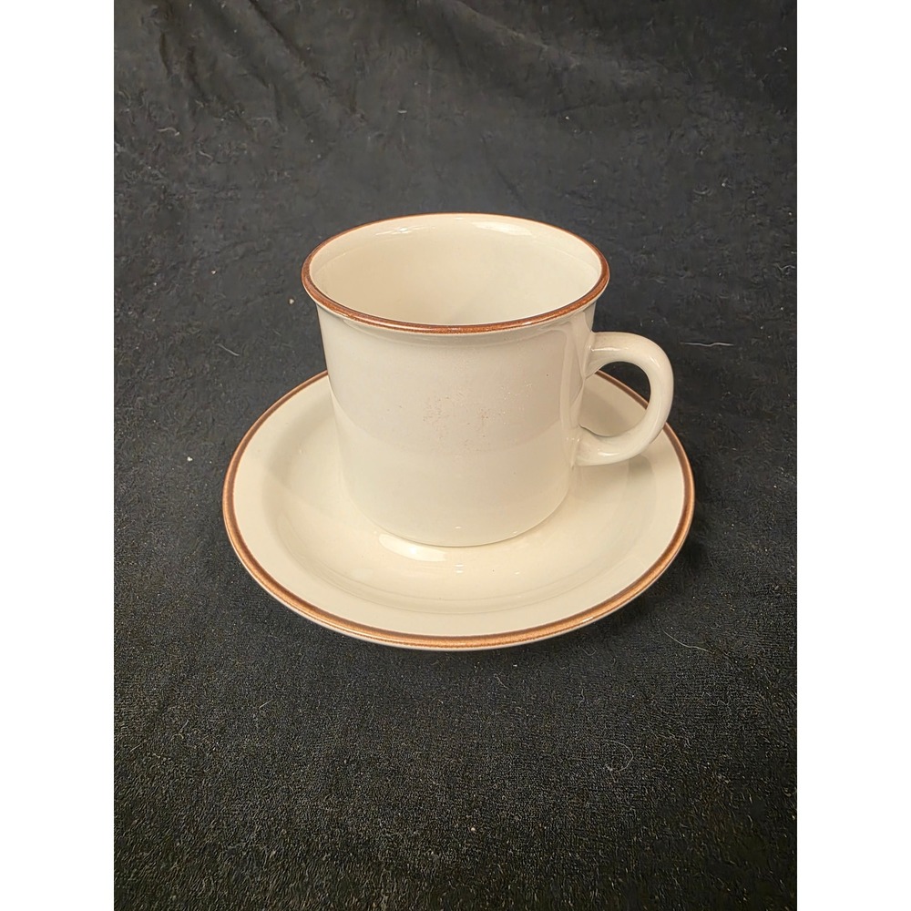 Grace Stoneware Japan Tea / Coffee Cup and Saucer Set Vintage Cream Brown Rim